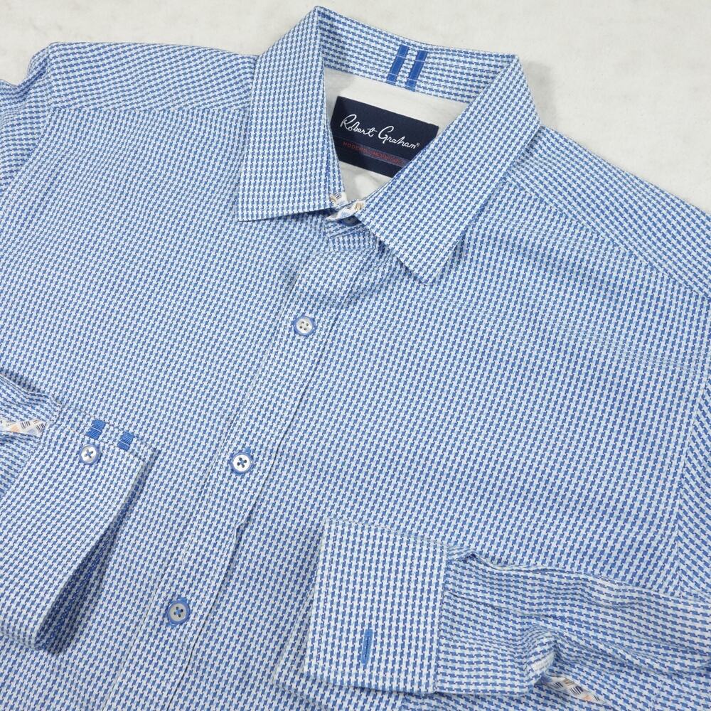 Robert Graham Shirt Mens Large Blue Tailored Fit Houndstooth Herringbone